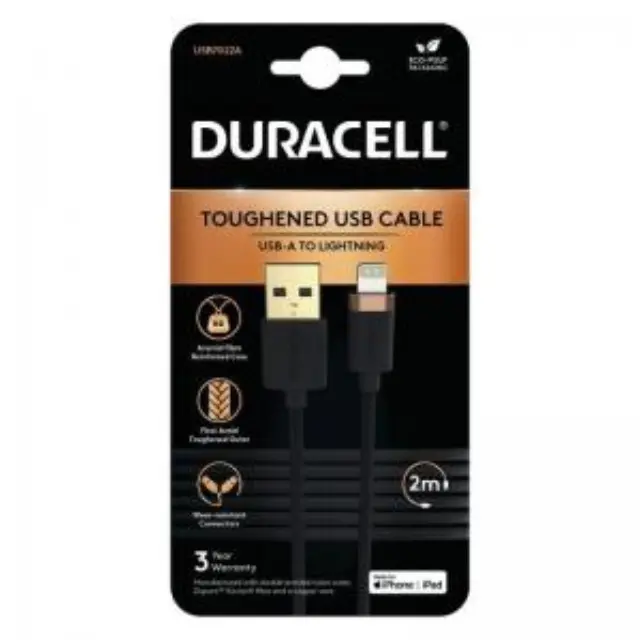 Καλώδιο Σύνδεσης USB 2.0 Duracell Braided Kevlar USB A σε MFI Lightning 15W 2m Μαύρο N57514 2