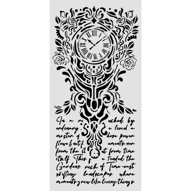 Thick Stencil Stamperia 20x25cm, Gardens of Time, Ρολόι και κείμενο