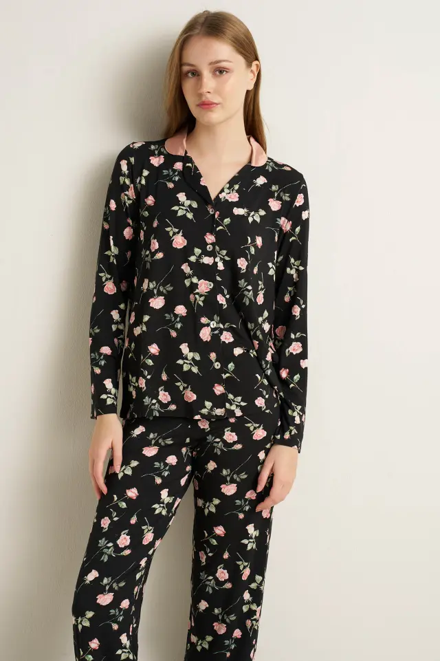 Vamp Γυναικεία Πιτζάμα Micromodal Σεμιζιέ Floral Black 2