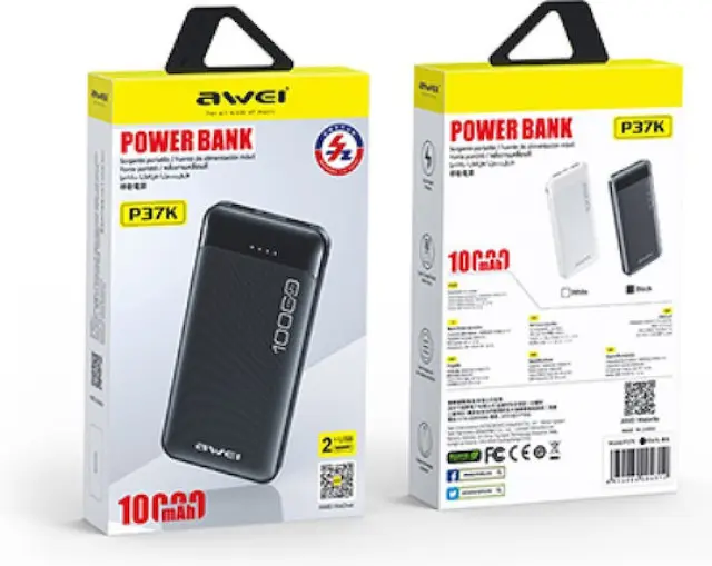 Awei P37K Power Bank 10000mAh με 2 Θύρες USB-A και Θύρα USB-C Μαύρο 2