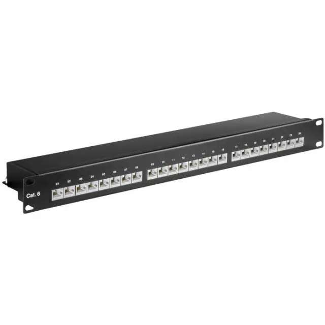 Patch panel κατηγορίας CAT 6 STP, 24 θυρών σε μαύρο χρώμα.