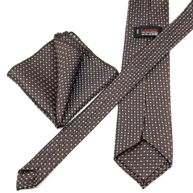Γραβάτα Microfiber σε Καφέ Μοτίβο Σετ με Μαντηλάκι 3
