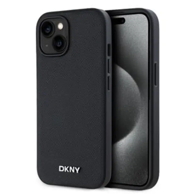 DKNY PU Leather Silver Metal Logo Magsafe Case for iPhone 13 Black