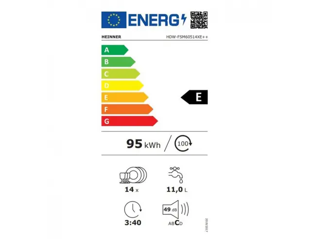 Εντοιχιζόμενο Πλυντήριο Πιάτων Heinner HDW-FSM60514XE++ με χωρητικότητα 14 σερβίτσια και ενεργειακή κλάση E - Silver HDW-FSM60514XE++ 3