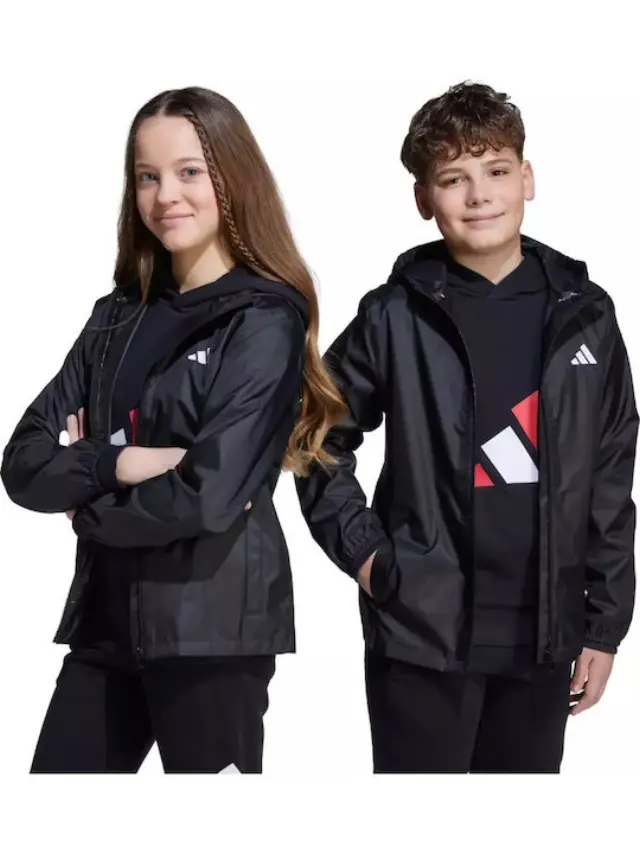 adidas Αδιάβροχο Παιδικό Αθλητικό Μπουφάν Αντιανεμικό με Κουκούλα Μαύρο - 15-16 χρονών 2