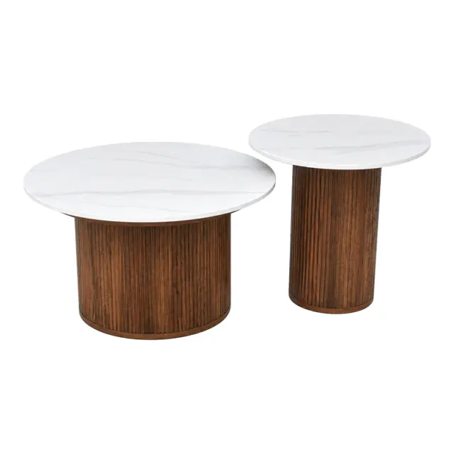 Τραπέζι σαλονιού Skerta pakoworld σετ 2τεμ λευκό sintered stone mdf με καρυδί βάση 3