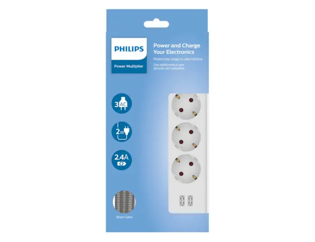Πολύπριζο Philips SPN3032W/GRS - 3x Schuko - 2x USB-A - Με Διακόπτη On/Off - Παιδική Ασφάλεια - Καλώδιο 1.5m - Λευκό SPN3032W/GRS 2