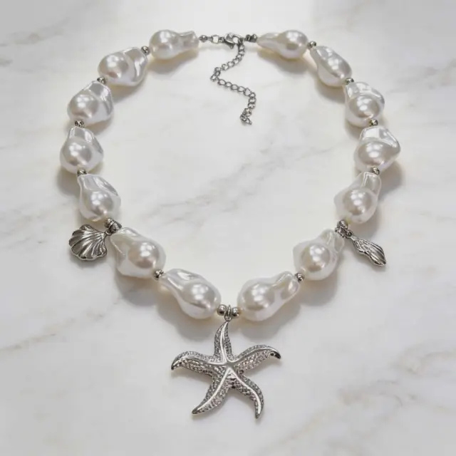 Baroque Pearl Necklace with Starfish Pendant Silver