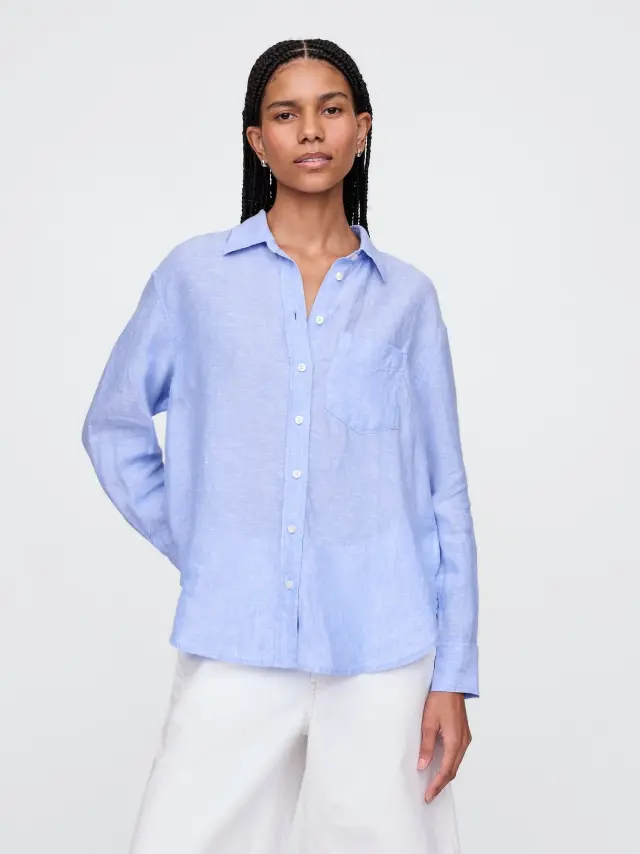 100% Λινό Relaxed Πουκάμισο Shirting blue - XL