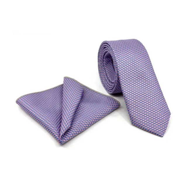 Λιλά–Ροζ Γεωμετρική Γραβάτα Microfiber Σετ με Μαντήλι 6,5 cm