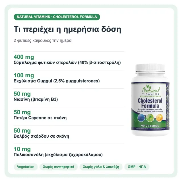 Natural Vitamins Cholesterol Formula με Φυτοστερόλες, Guggul & Νιασίνη 60 φυτικές κάψουλες 3