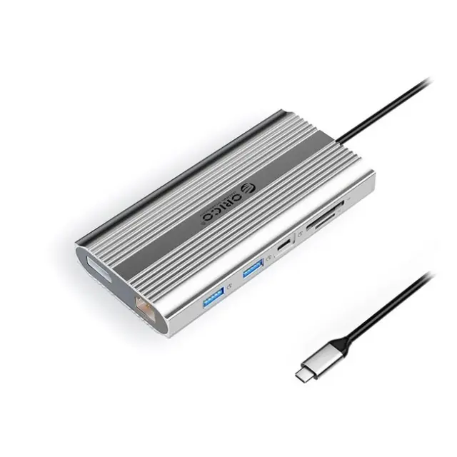 Orico Docking Station XDR 12in1 USB-A USB-C 2x HDMI 4K 60Hz DisplayPort 4K60Hz RJ45 Gigabit PD 100W SD / microSD Card Reader Silver