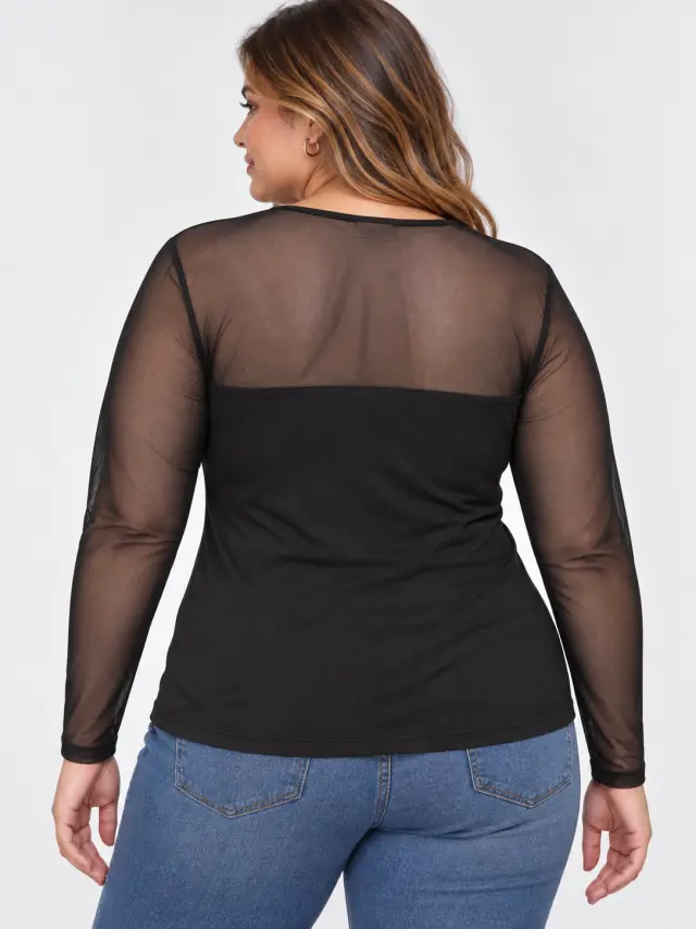 Μπλούζα με διαφάνεια και V λεπτομέρεια Plus size - Μαύρο - XS 3