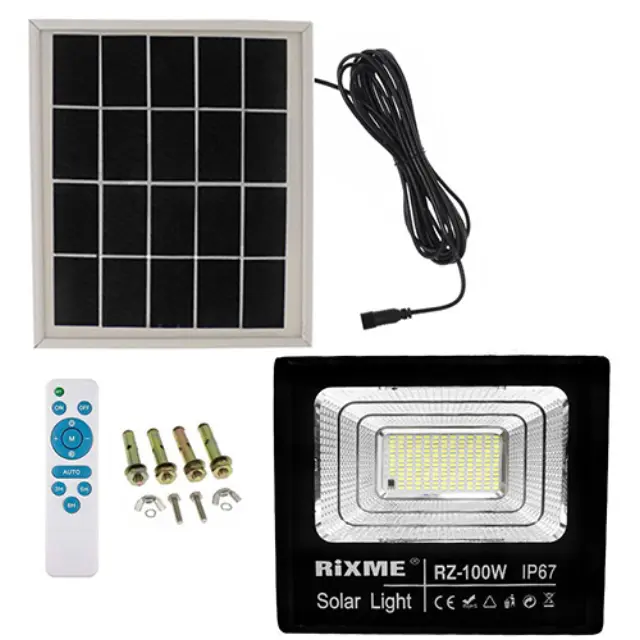 Rixme Στεγανός Ηλιακός Προβολέας LED 100W Ψυχρό Λευκό 6000K με Τηλεχειριστήριο IP67 RZ-100W