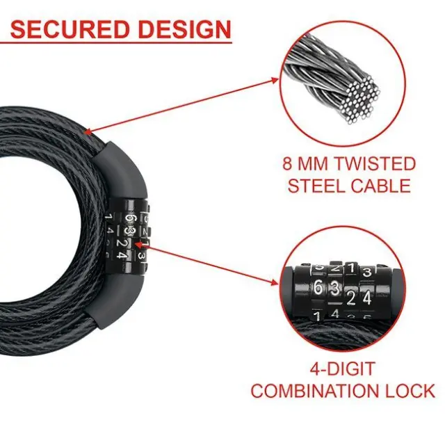 Master Lock 8143EURDPRO - Λουκέτο με συρματόσχοινο ποδηλάτου μαύρο με συνδυασμό 1.2m Φ8mm 3