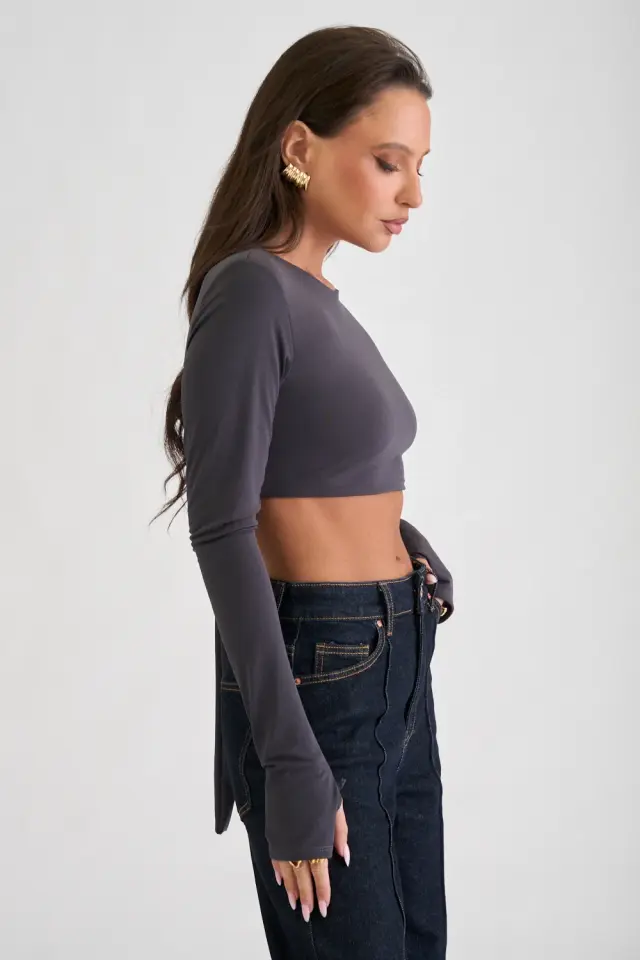 Μπλούζα crop top με μακριά μανίκια και ανοιχτή πλάτη - Ανθρακί - ONESIZE 3