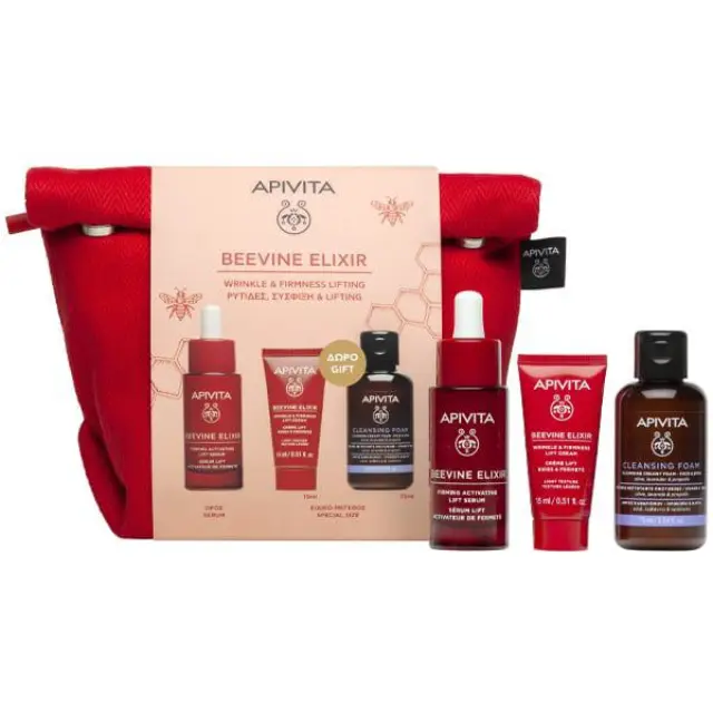Apivita Promo Beevine Elixir με Beevine Elixir Serum Ορός Προσώπου για Σύσφιξη & κατά των Ρυτίδων, 30ml & Δώρο Κρέμα Προσώπου Σύσφιξης & κατά των Ρυτίδων, 15ml, Αφρό Καθαρισμού, 75ml & Nεσεσέρ, 1τεμ, 1σετ