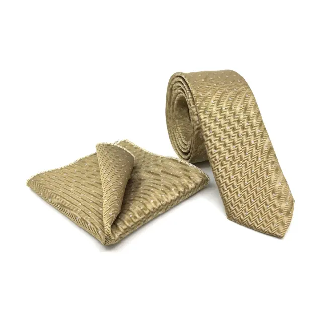 Μπεζ–Χρυσαφί Πουά Γραβάτα Microfiber Σετ με Μαντήλι 6,5 cm