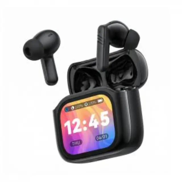Bluetooth ακουστικά handsfree με τεχνολογία ακύρωσης θορύβου (ANC) και θήκη φόρτισης με οθόνη, σε μαύρο χρώμα 2