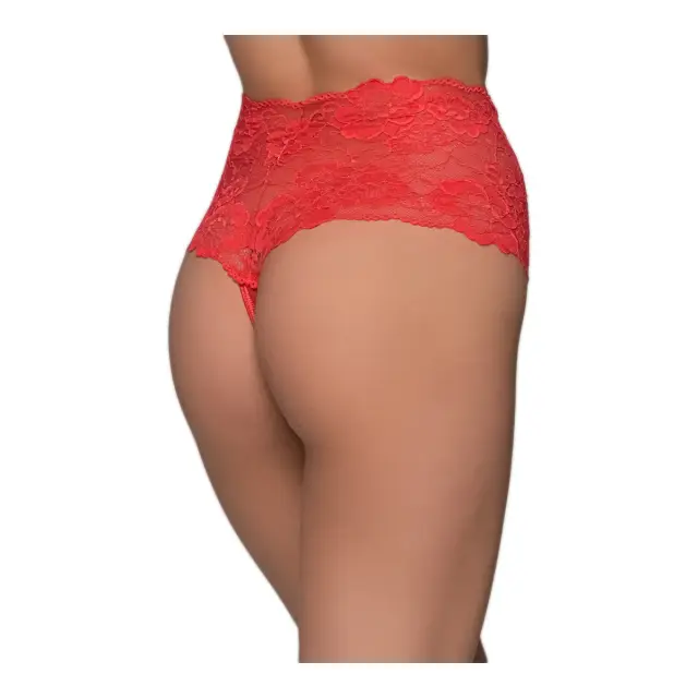 Milena Γυναικείο String Ψηλόμεσο με Δαντέλα & Δίχτυ, Χρώμα Κόκκινο 2