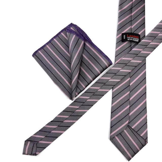 Λιλά Ριγέ Γραβάτα Microfiber Σετ με Μαντήλι 3