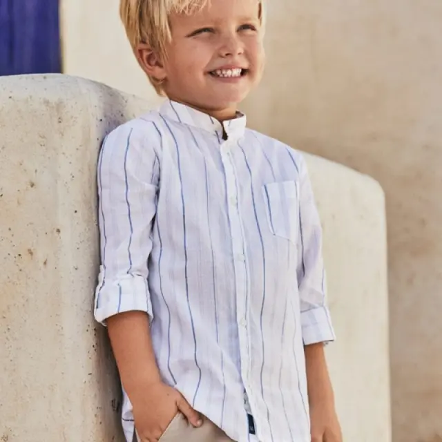 Mini 2 έως 10 ετών Πουκάμισο μακρυμάνικο ρίγες Better Cotton λευκό - 9Ε