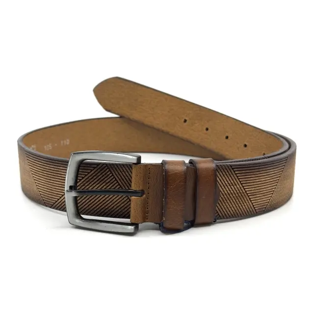 Camel Δερμάτινη Ζώνη Full Grain με Ανάγλυφο Ψαροκόκαλο 4 cm