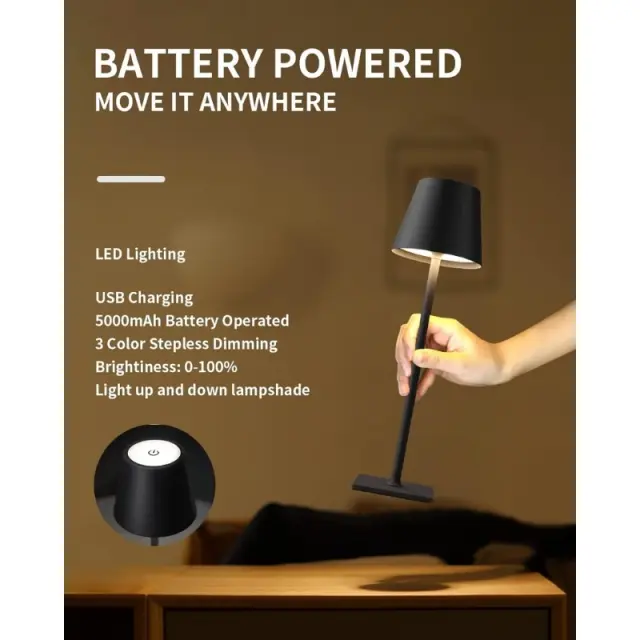 1+1 ΔΩΡΟ Επιτραπέζιο φωτιστικό αφής LED Metal Black επαναφορτιζόμενο Φ11x38εκ 3