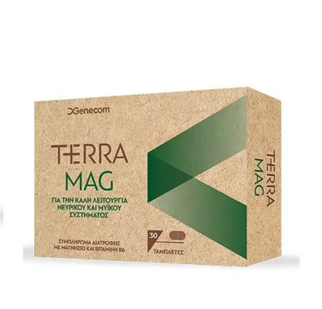 Genecom Terra Mag, Συμπλήρωμα Διατροφής με Μαγνήσιο και Bιταμίνη Β6 για την Καλή Υγεία Νευρικού και Μυϊκού Συστήματος, 30tabs