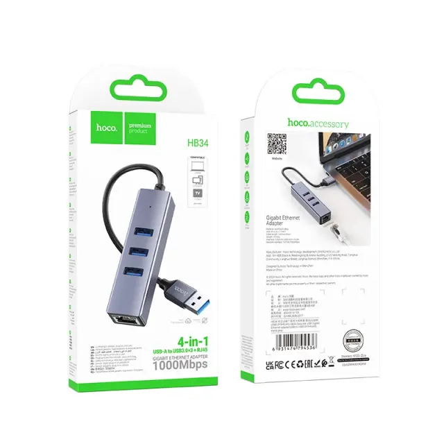 Αντάπτορας Hoco HB34 3 x USB σε USB 3.0 και RJ45 με Λειτουργία Μεταφοράς Δεδομένων 1000Mbps Γκρι 2