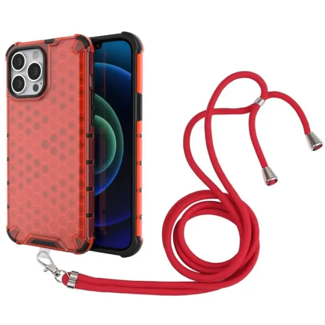 Θήκη Σιλικόνης με Κορδόνι για το Λαιμό Για iPhone 13 Pro Max - Honeycomb Κόκκινο OEM