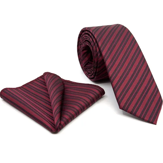 Μπορντό Ριγέ Γραβάτα Microfiber Σετ με Μαντήλι Σχέδιο 285/A