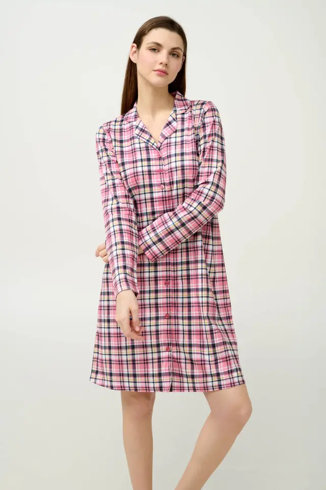 Βαμβακερό Κουμπωτό Καρό Νυχτικό Vamp 23211 PINK WOOD