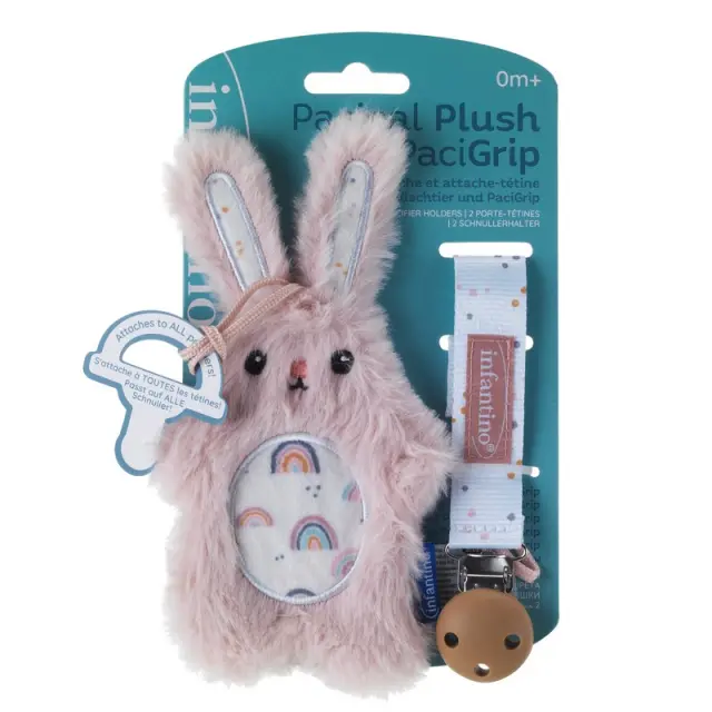 INFANTINO Pacipal Plush & Pacicrib - Bunny Pink -σετ Δώρου λούτρινο και κορδελα πιπίλας με κλιπ Λαγουδάκι. 2