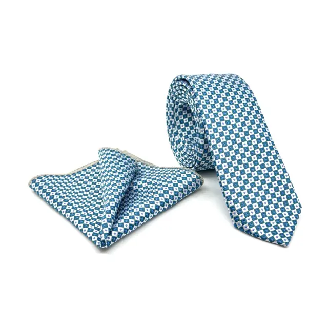 Πετρόλ Γραβάτα Μικρό Καρό Microfiber Σετ με Μαντήλι 6,5 cm