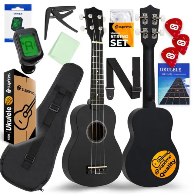 SUPRIMO UK21 SET BK V2 soprano ukulele 21" black wooden gig bag 3 picks spare string tuner strap capo cleaning cloth learn-to-play booklet set for kids