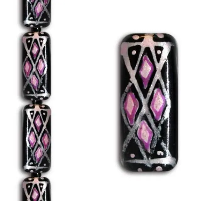 Χάντρα Γυάλινη Βαμμένη στο Χέρι - Black/Pink Rectangle 24x11mm ~6τεμ