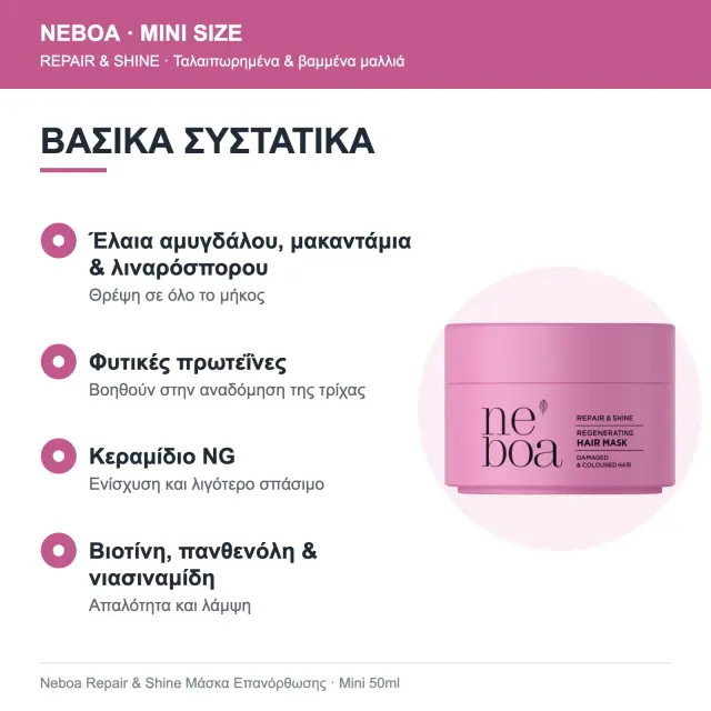 Neboa Mini Size Repair & Shine Μάσκα Επανόρθωσης για Ταλαιπωρημένα & Βαμμένα Μαλλιά 50ml 2