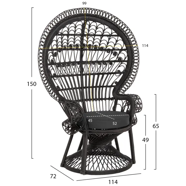 Πολυθρόνα Royal Peacock Rattan μαύρο-μαξιλάρι μαύρο 114x72x150 εκ. 2