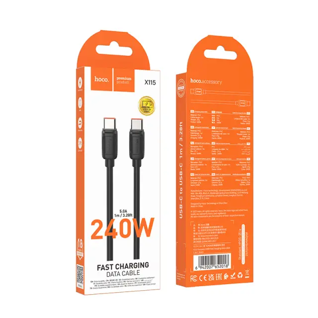 Καλώδιο σύνδεσης Hoco X115 Surpass USB-C σε USB-C 240W 5A Fast Charging Μαύρο 1m 2