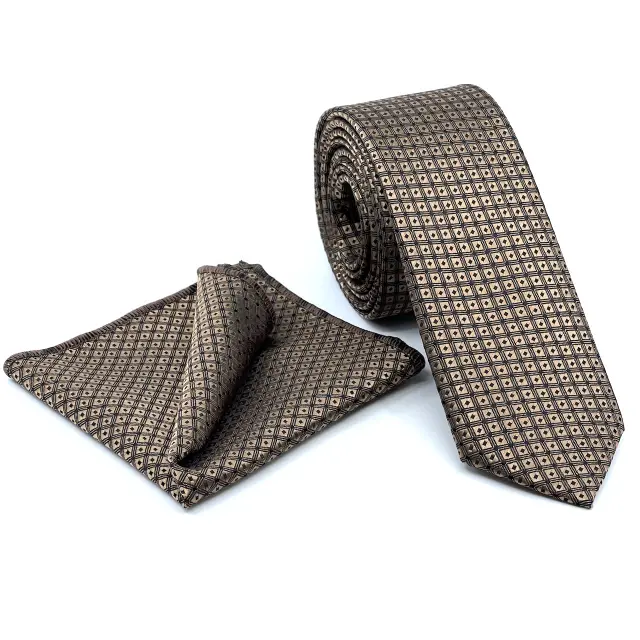 Μπεζ-Ταμπά Γραβάτα Microfiber Σετ με Μαντηλάκι