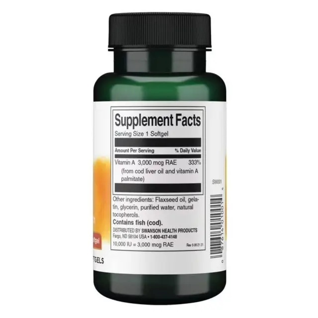 SWANSON Vitamin A Βιταμίνη για τα Μαλλιά, τo Δέρμα & Αντιοξειδωτική δράση 10000iu 250 μαλακές κάψουλες 2