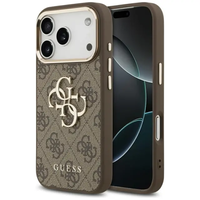Guess PU Leather 4G Metal Logo Gold Frame Case for iPhone 17 Pro Brown