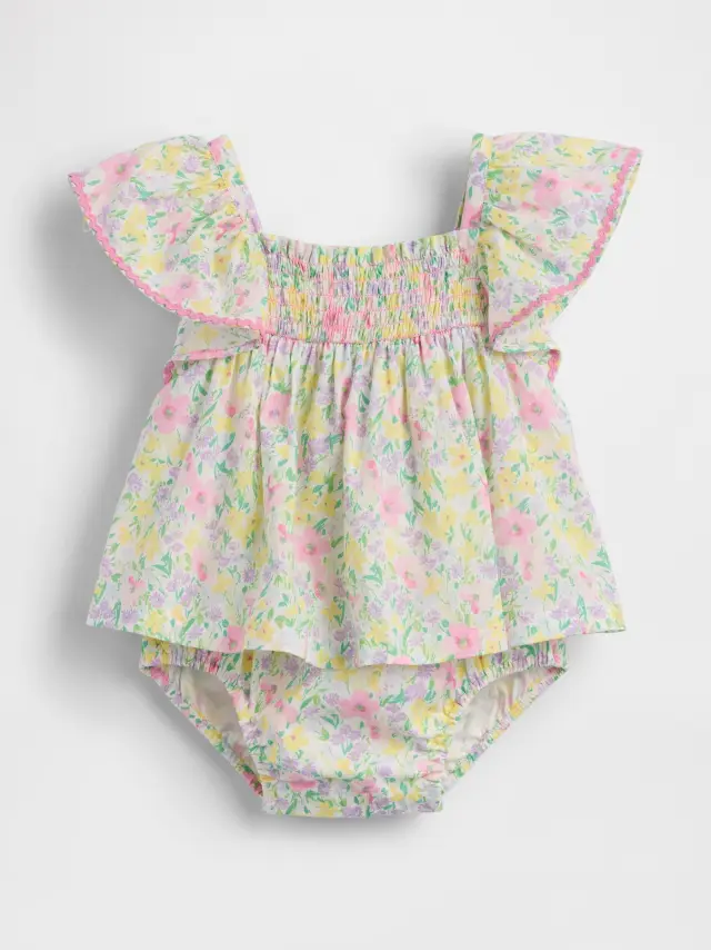 Βρεφικό Smocked Flutter-Sleeve Κορμάκι Φόρεμα Floral