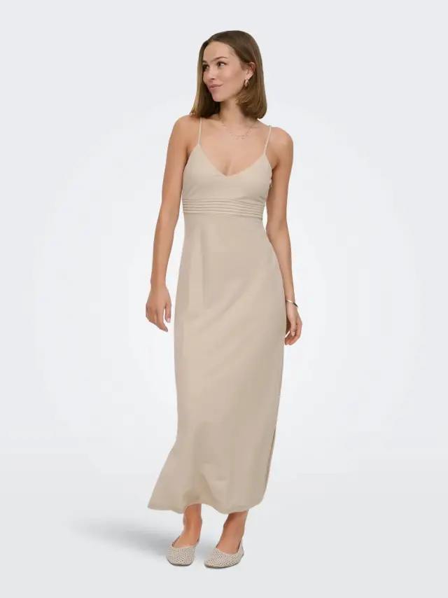 ONLY ONLSAKURA Midi Φόρεμα V-Neck με Τιράντες Μπεζ - M