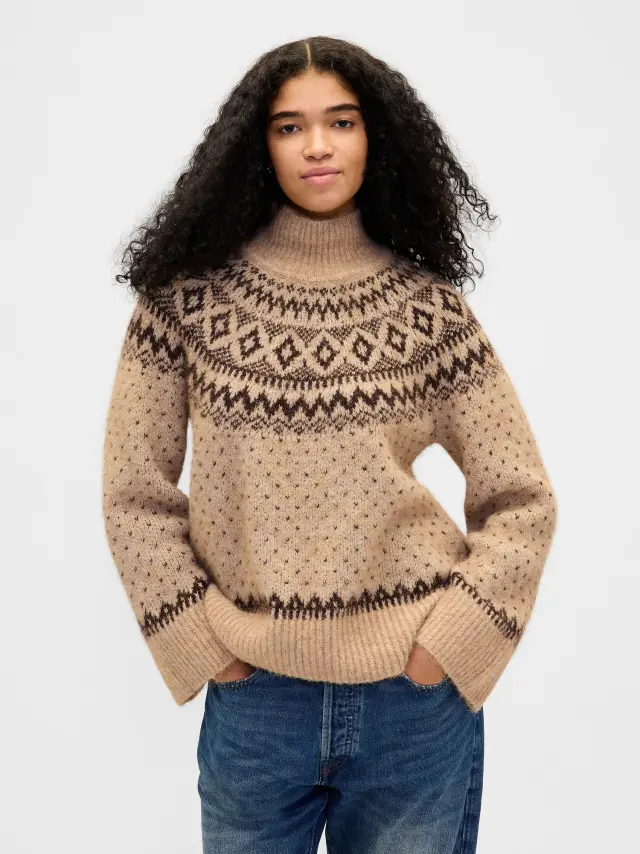 Fuzzy Oversized Turtleneck Πουλόβερ Brown heather fair isle