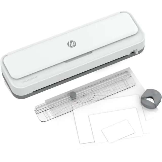 HP ONELAM 400 A3 laminator, Hot-Cold, integrated trimmer, corner rounder, speed 40 cm-min 15 pouches: 3xA4, 4xA5, 4xA6, 4xB-CARD, white