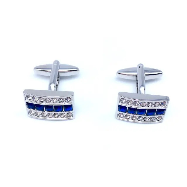 Ασημί Σχεδιαστικά Μανικετόκουμπα με Μπλε Zircon και Στρας – LGD-DK-07 2