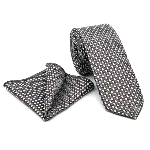 Γραβάτα Microfiber σε Μωβ Μοτίβο Σετ με Μαντηλάκι
