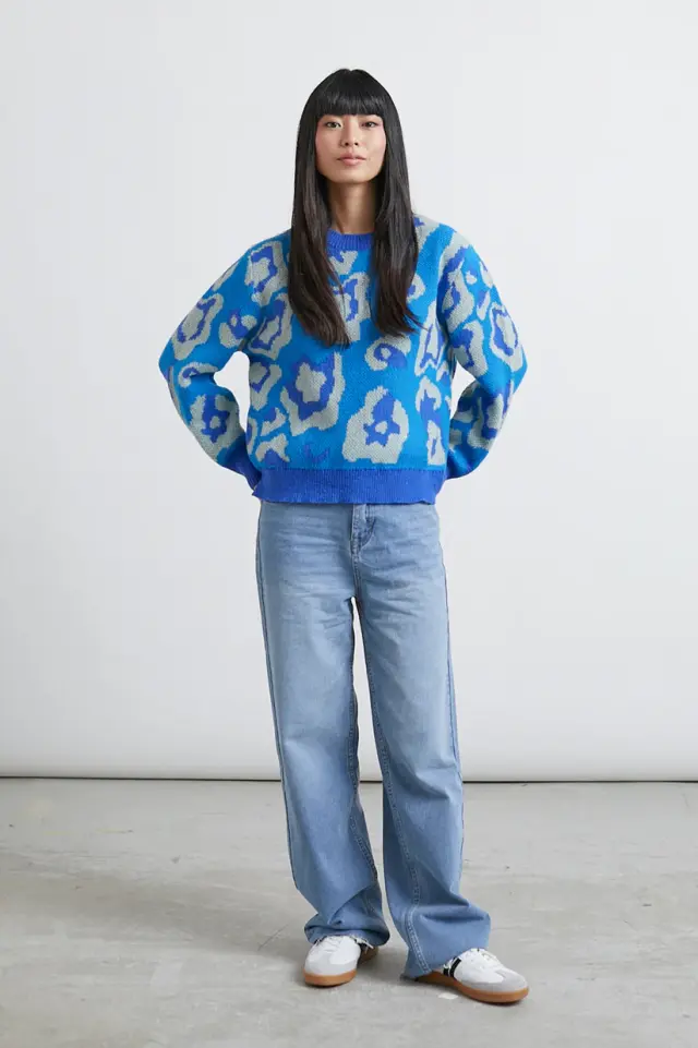 24COLOURS Sweater With Floral Design Γυναικείο Πουλόβερ Polyester/Wool Loose Fit - Blue 41164b - XS 2